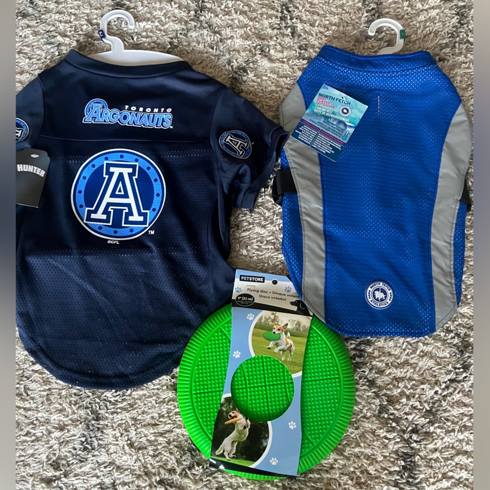 Argos Dog Jersey and Blue Cooling vest.